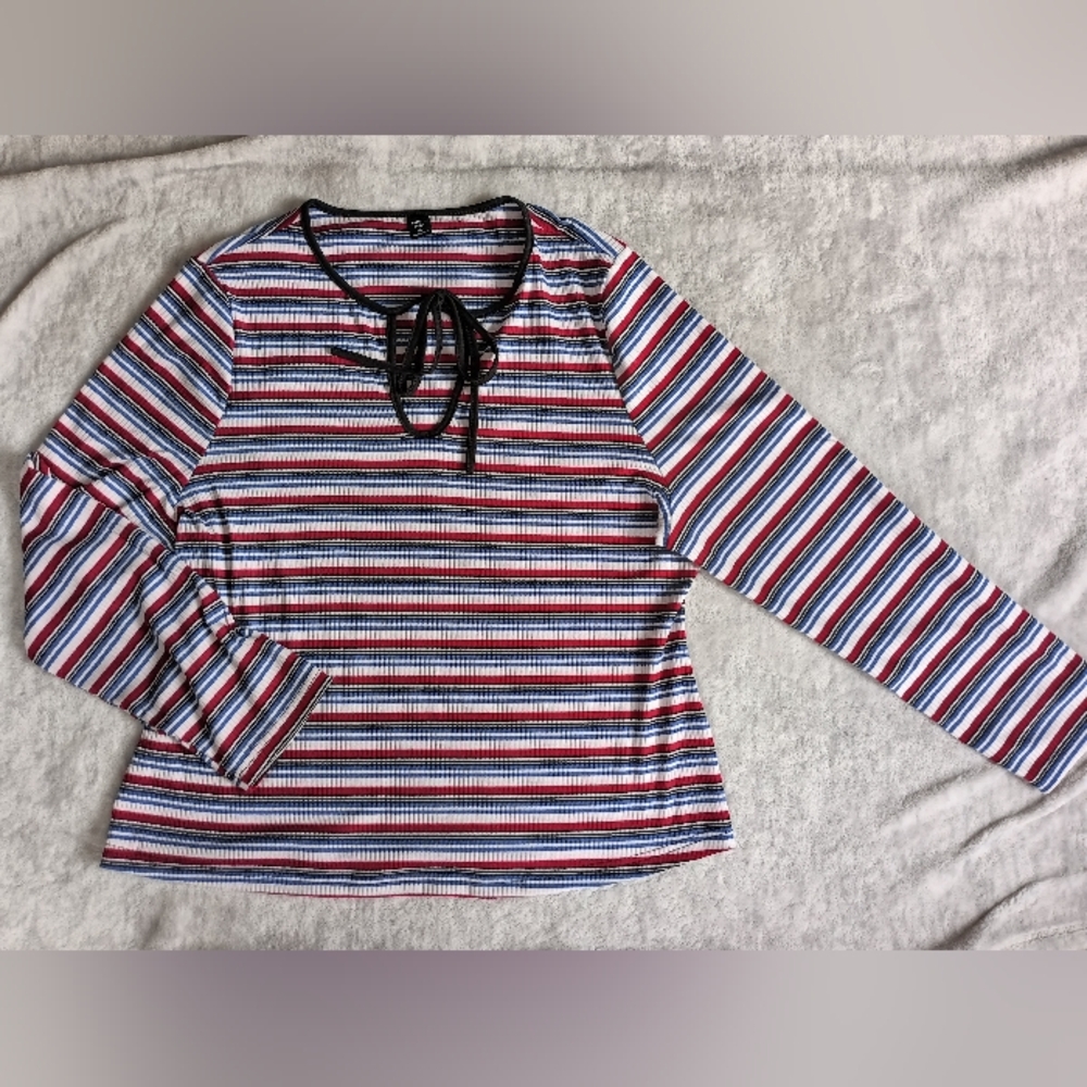 SHEIN | Size 2X Striped Long Sleeve Tie-Neck Top